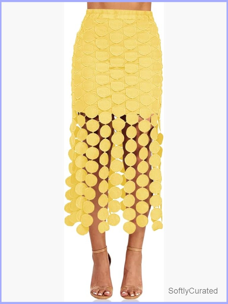 High Waisted Maxi Skirt With Hollow Out Fringe Hem Bohemian Summer